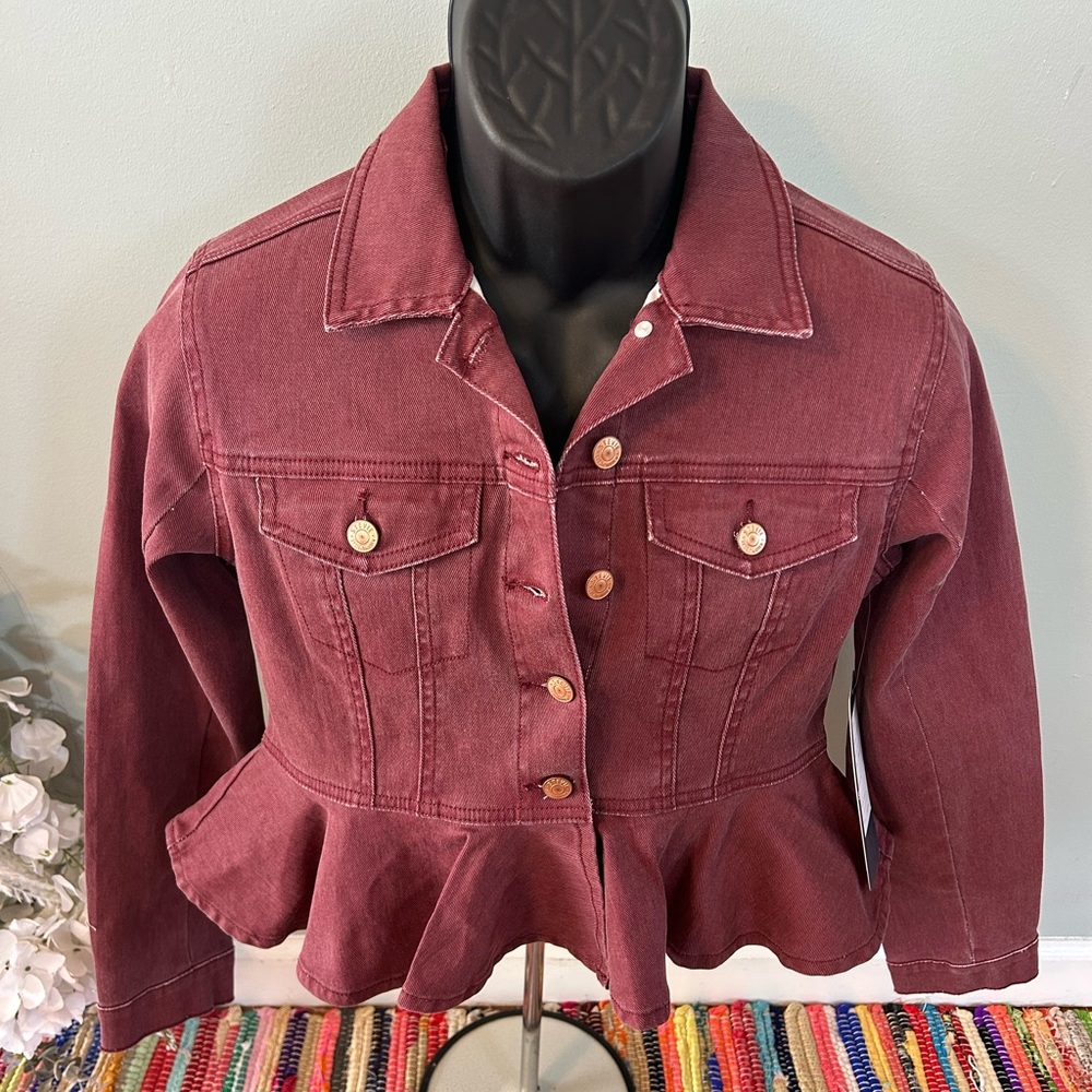 NEW Stevie Jeans by Steve Madden Denim Jacket Flare Maroon Button Front Small